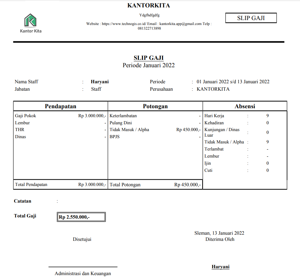 Contoh Slip Gaji Karyawan 