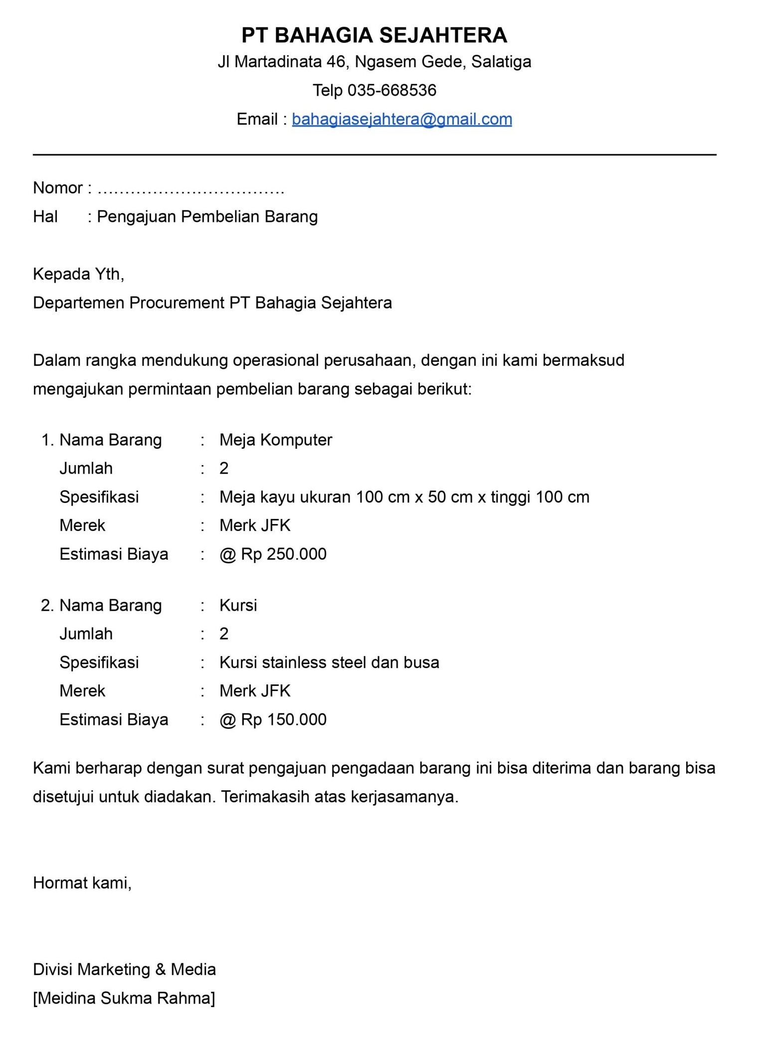 Surat Pengajuan Barang