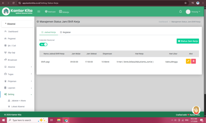 Langkah Mengatur Jam Kerja di Dashboard Admin KantorKita