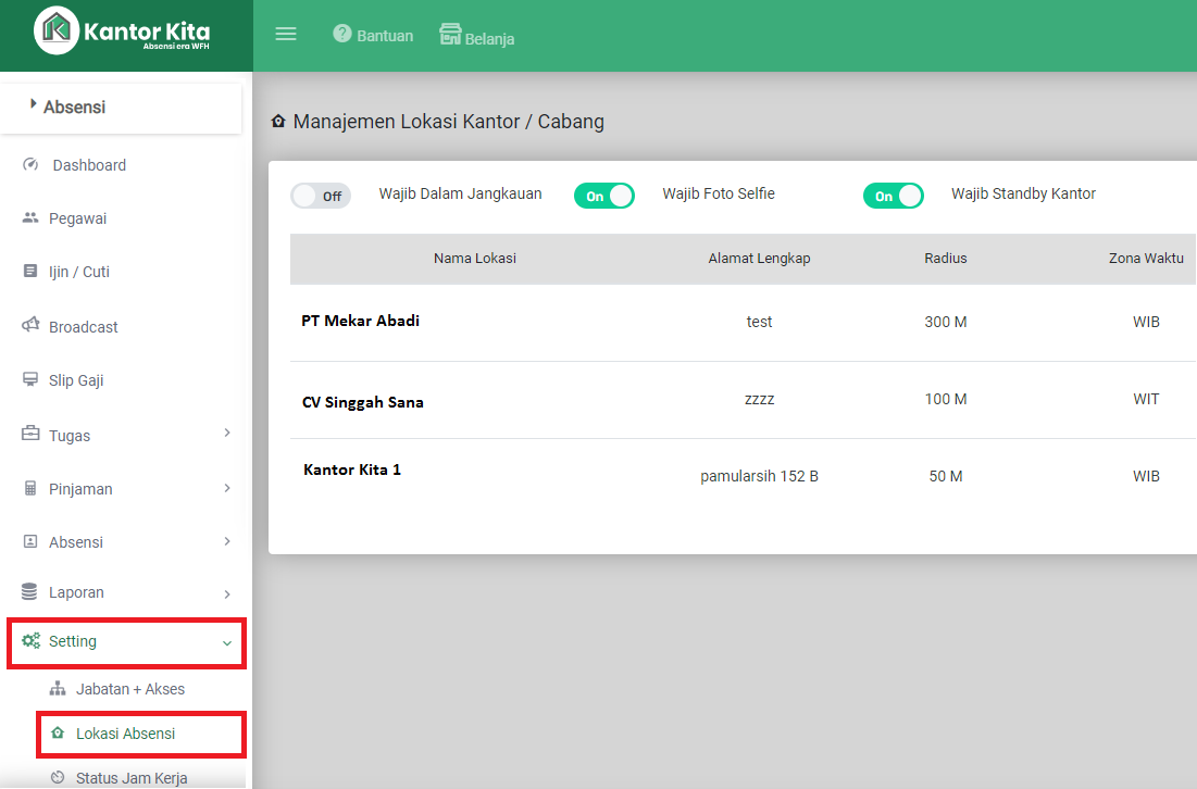 Gambar 2. Menu Setting Aplikasi Kantor Kita